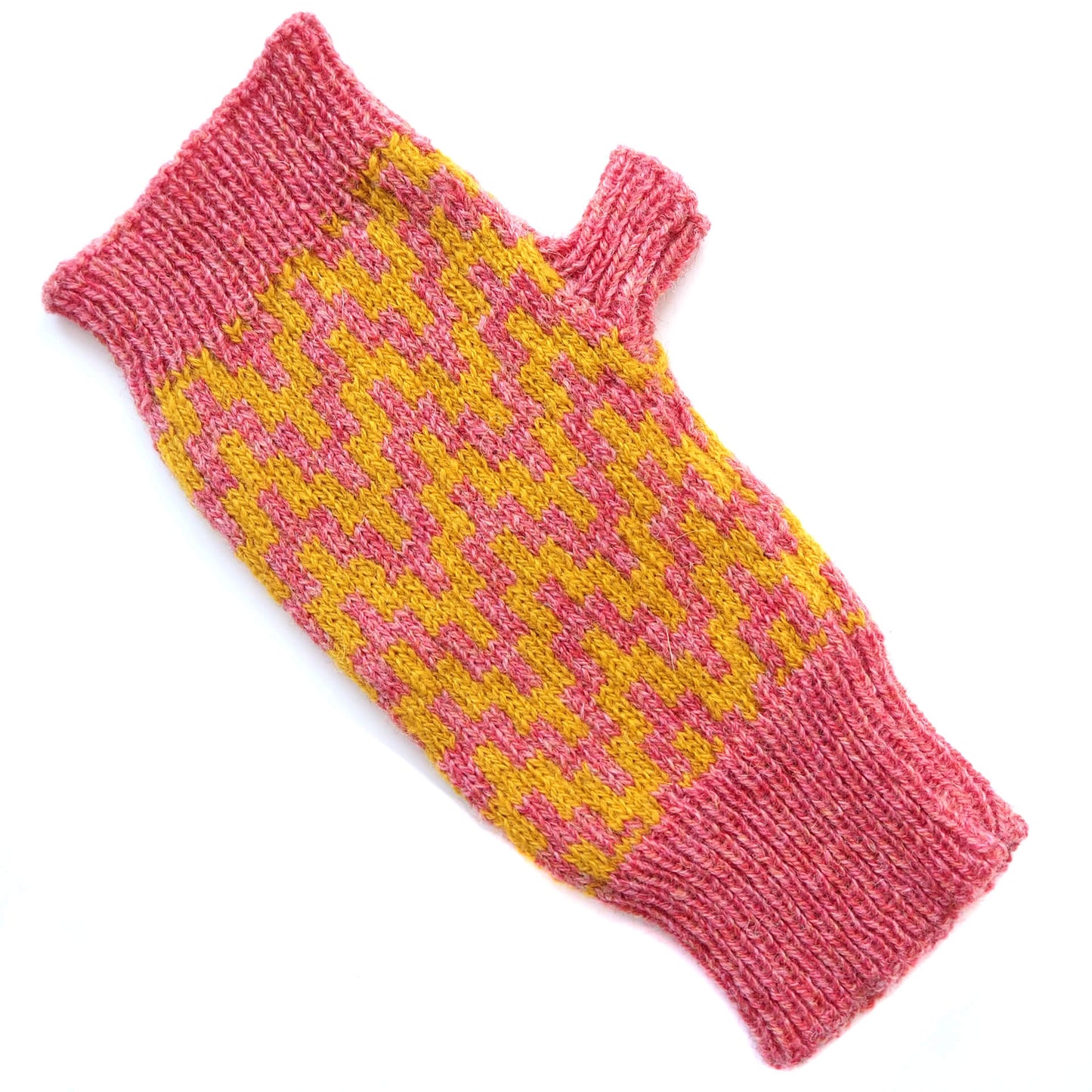 A fingerless glove by K.Moods, it is pink with a yellow thick zig-zag pattern, and sits on a white background.