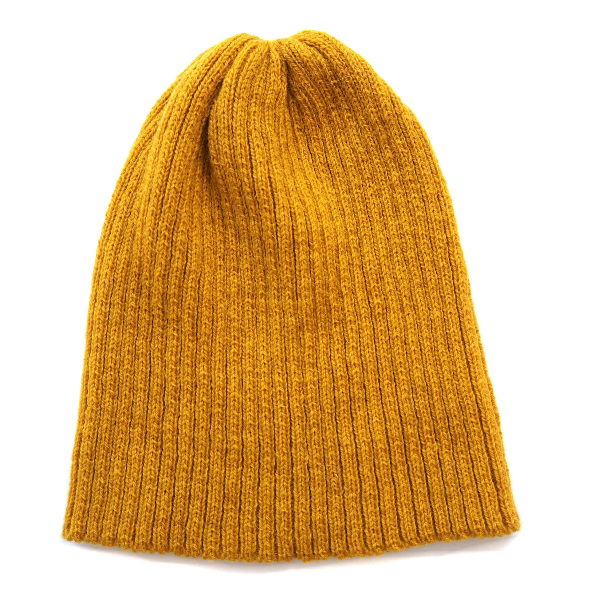 A yellow ribbed beanie without a folded brim by K.Moods. It is on a white background.