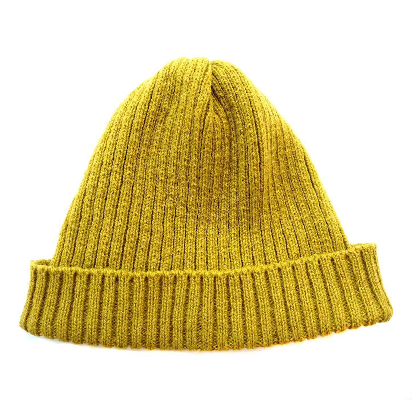 A lime green ribbed hat with a folded brim, by K.Moods. It is on a white background.