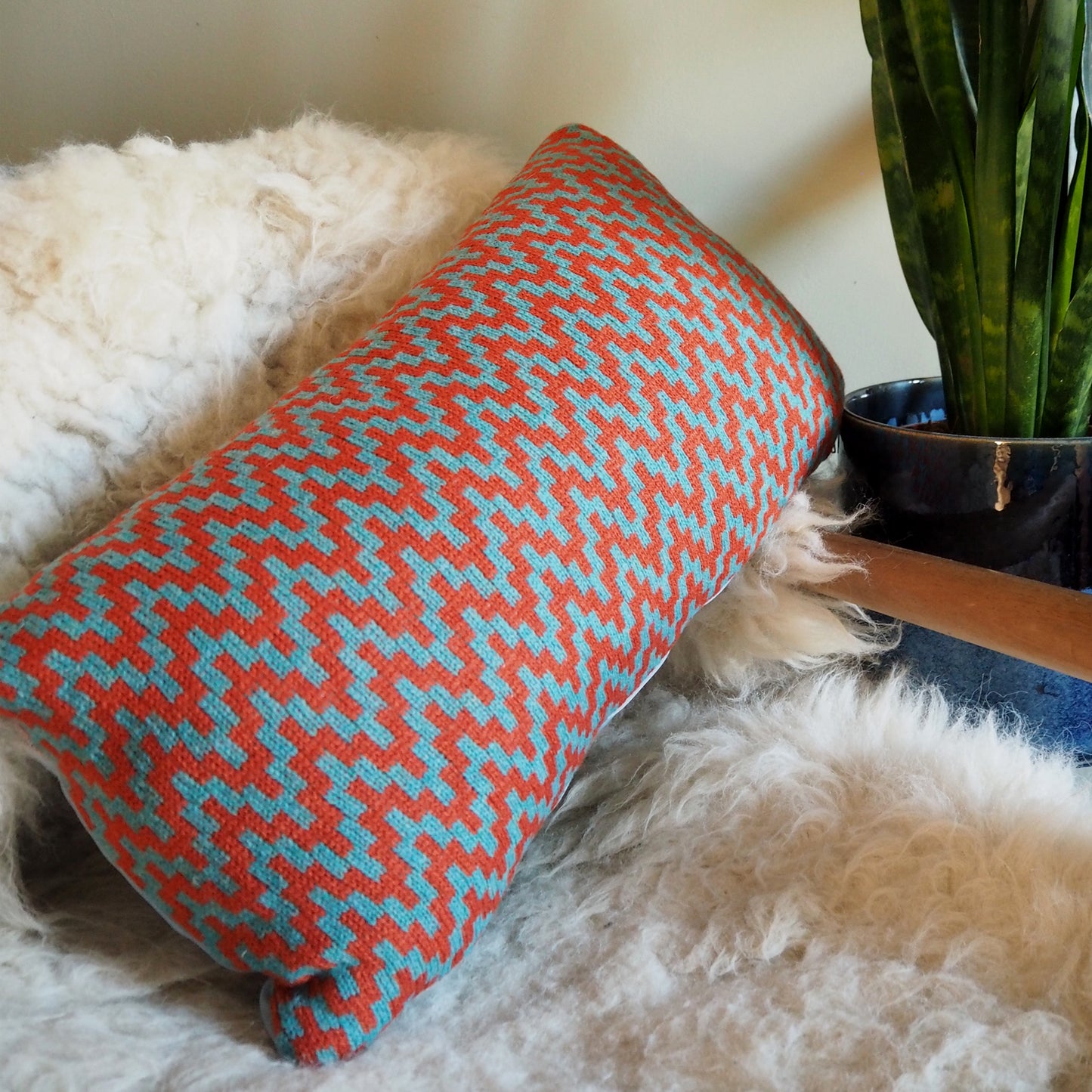 Orange and Blue Stepped Chevron Cushion - 22x12 Inch