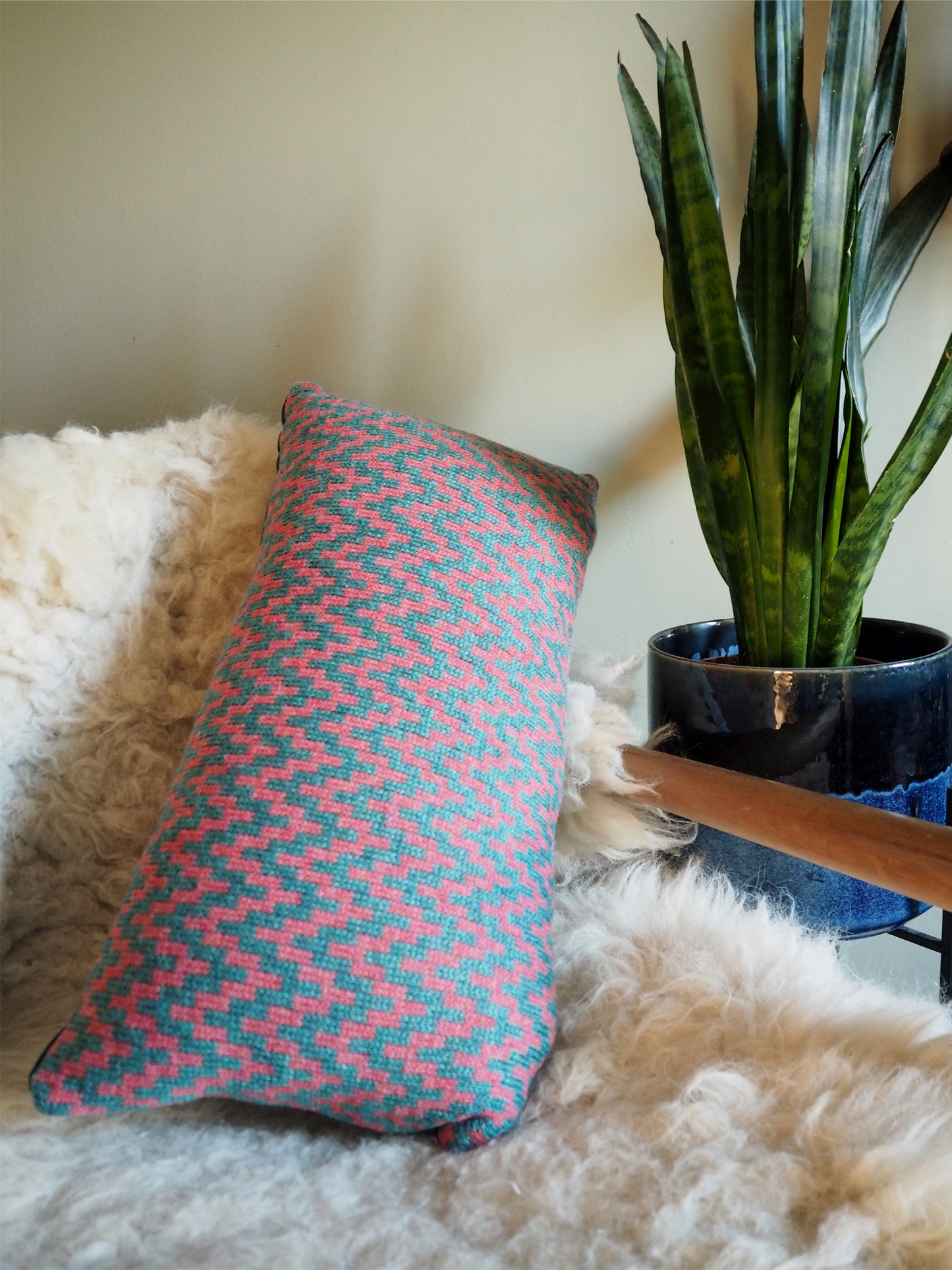 Pink and Teal Stepped Chevron Cushion - 22x12 Inch