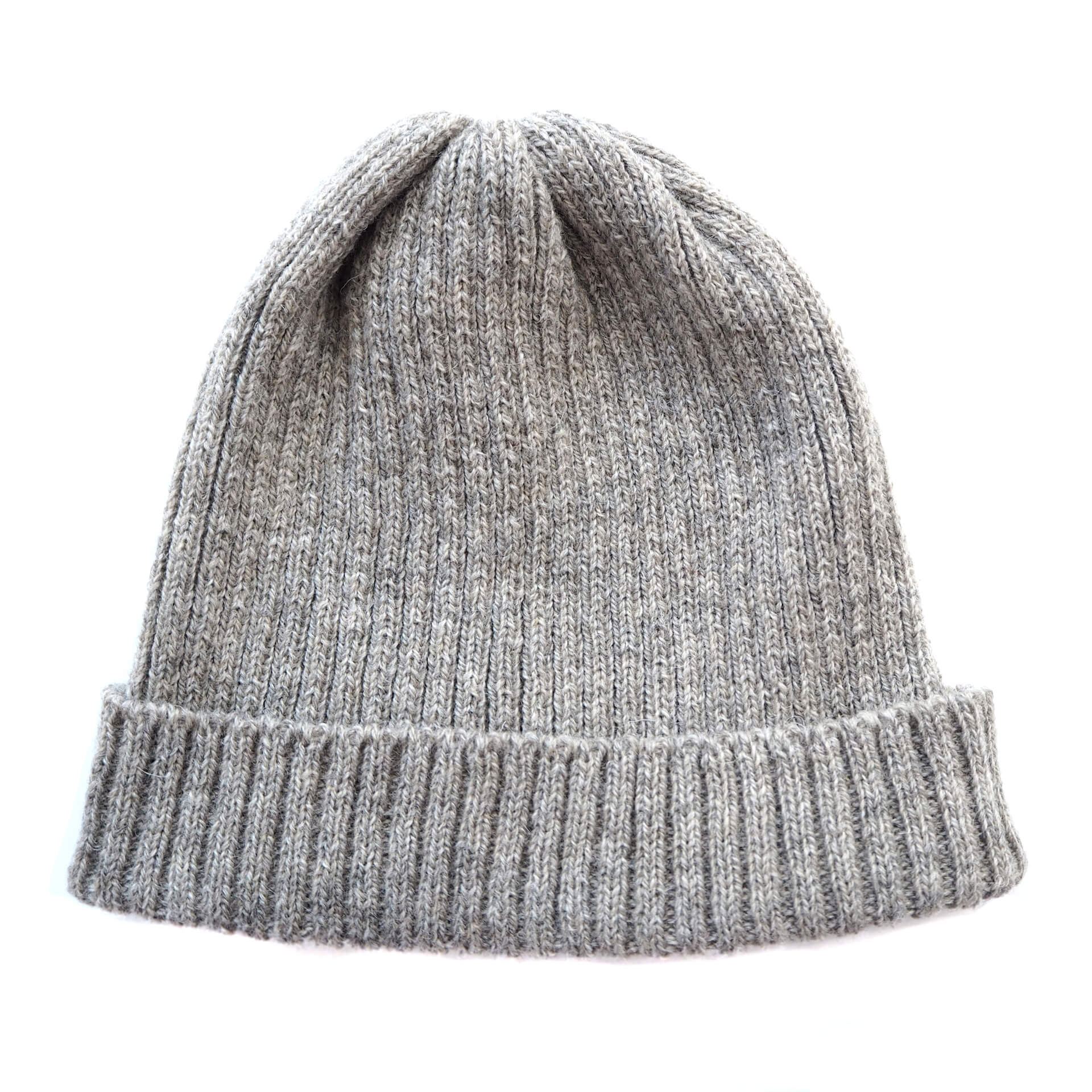 A grey ribbed beanie with a folded brim, by K.Moods. It is on a white background.