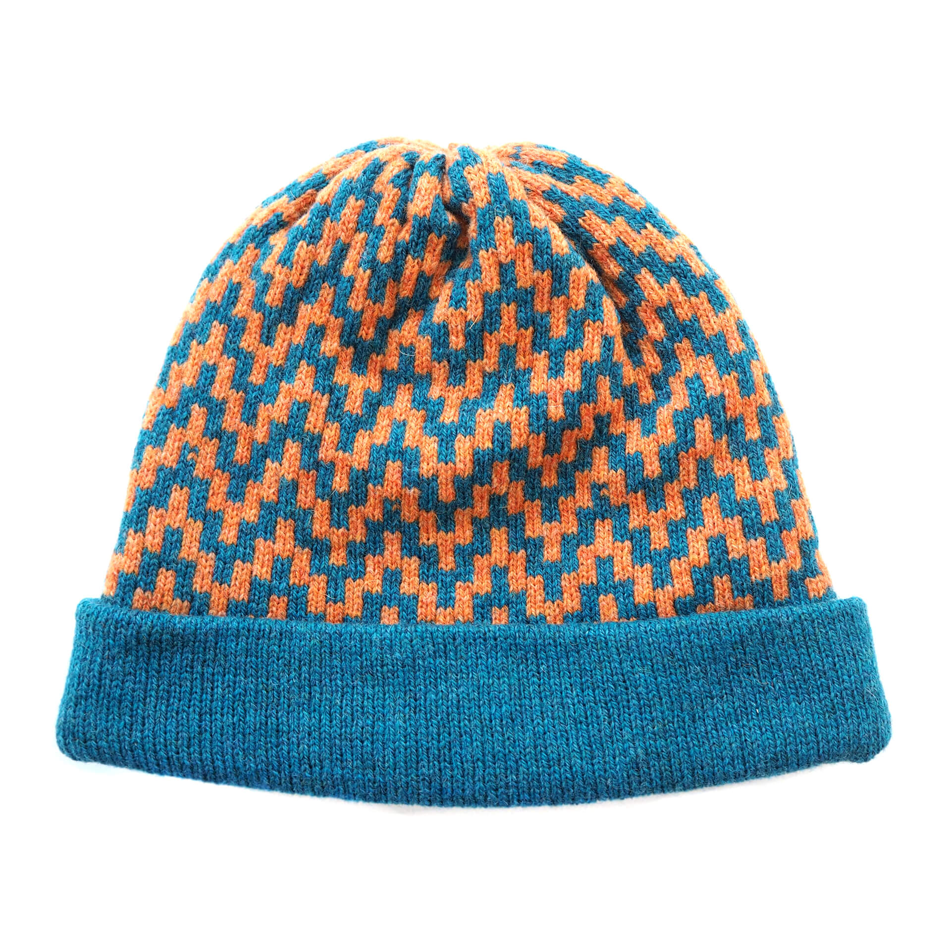 A woollen beanie, with orange and blue zig-zag pattern, and a blue fold up brim, by K.Moods.