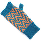 A fingerless glove by K.Moods, it is blue with a thick orange zig-zag pattern, and sits on a white background. 
