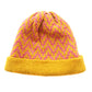 A woollen beanie, with yellow and pink zig-zag pattern, and a yellow fold up brim, by K.Moods.