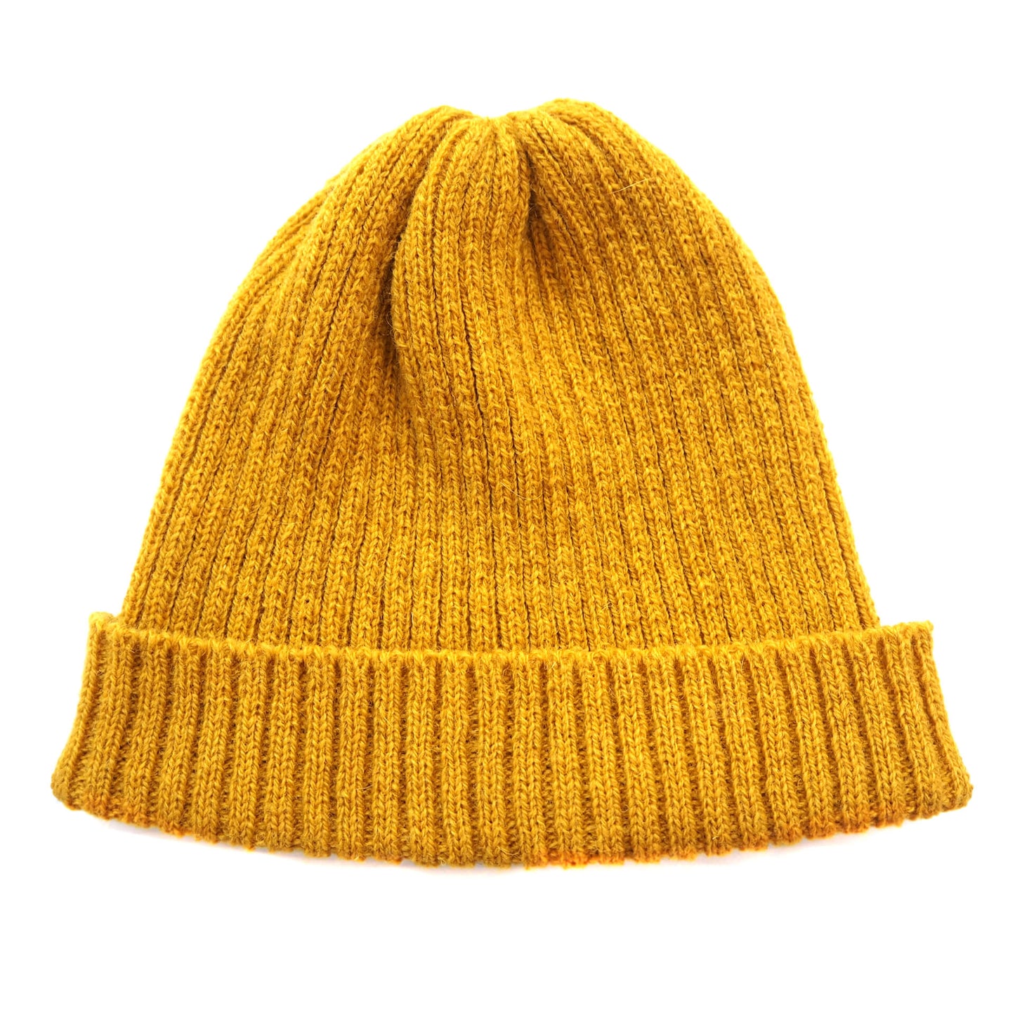 A yellow ribbed beanie with a folded brim by K.Moods. It is on a white background.