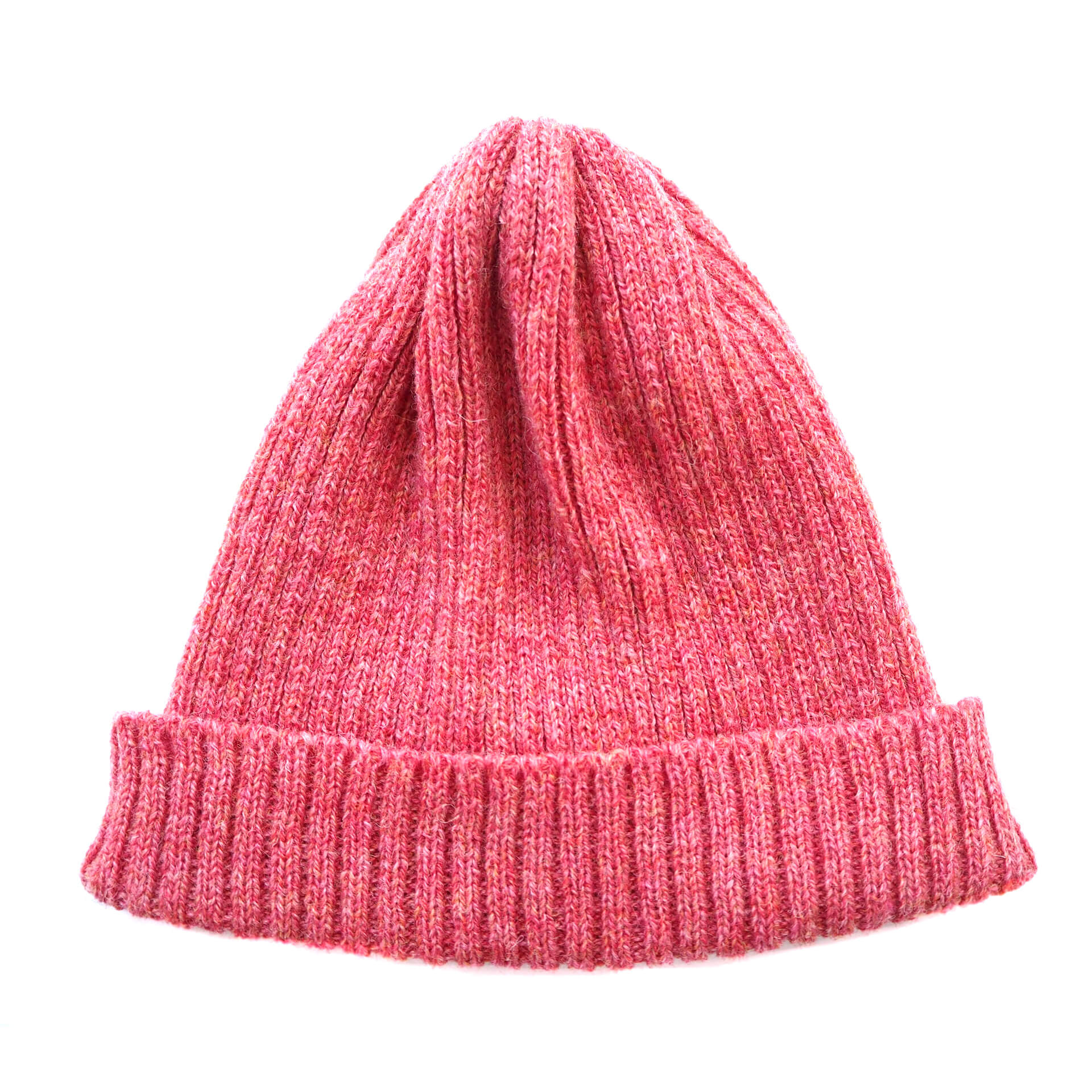 A pink ribbed beanie with a folded brim by K.Moods. It is on a white background.
