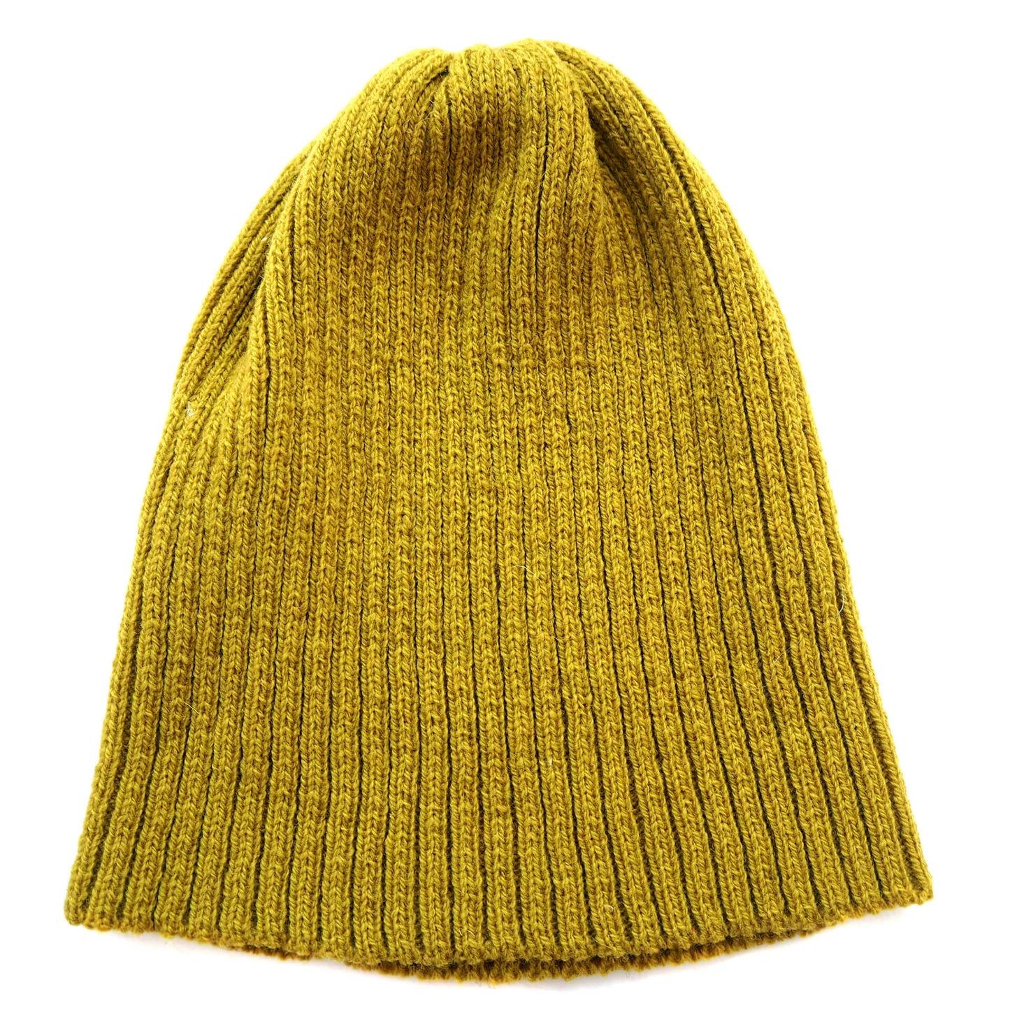 A lime green ribbed beanie without a folded brim, by K.Moods. It is on a white background.