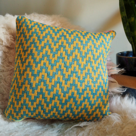 Yellow and Teal Stepped Chevron Cushion - 15x15 Inch